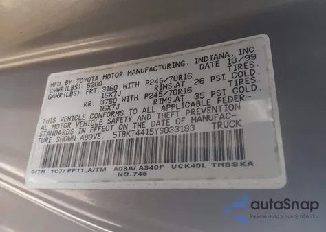 2000 Toyota Tundra Sr5 V8 from USA, damaged, VIN 5TBKT4415YS033183